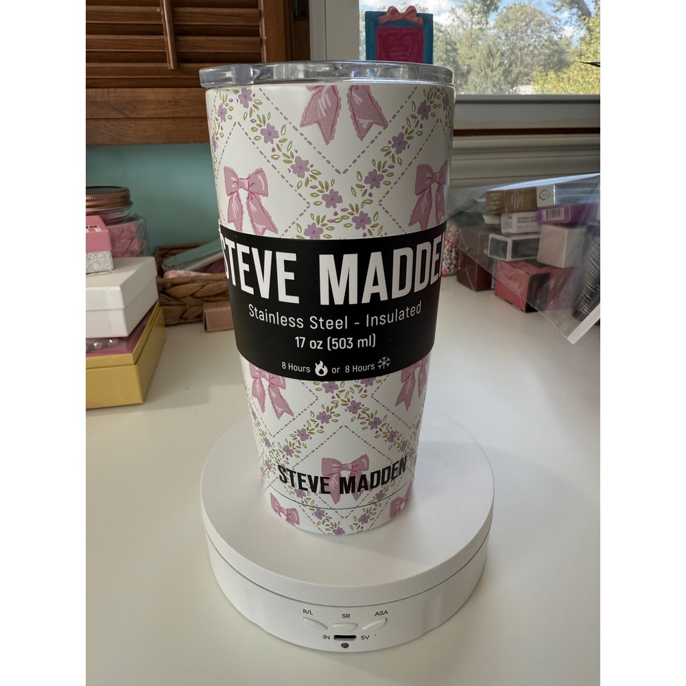 Steve Madden 17oz Stainless Steel Insulated Tumbler Pink Bow Floral Coquette NEW